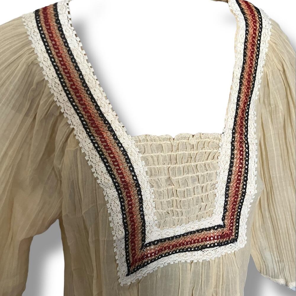 Vintage Sheer Peasant Blouse Boho Lace Trim Cream Top Size Large - Picture 3 of 7